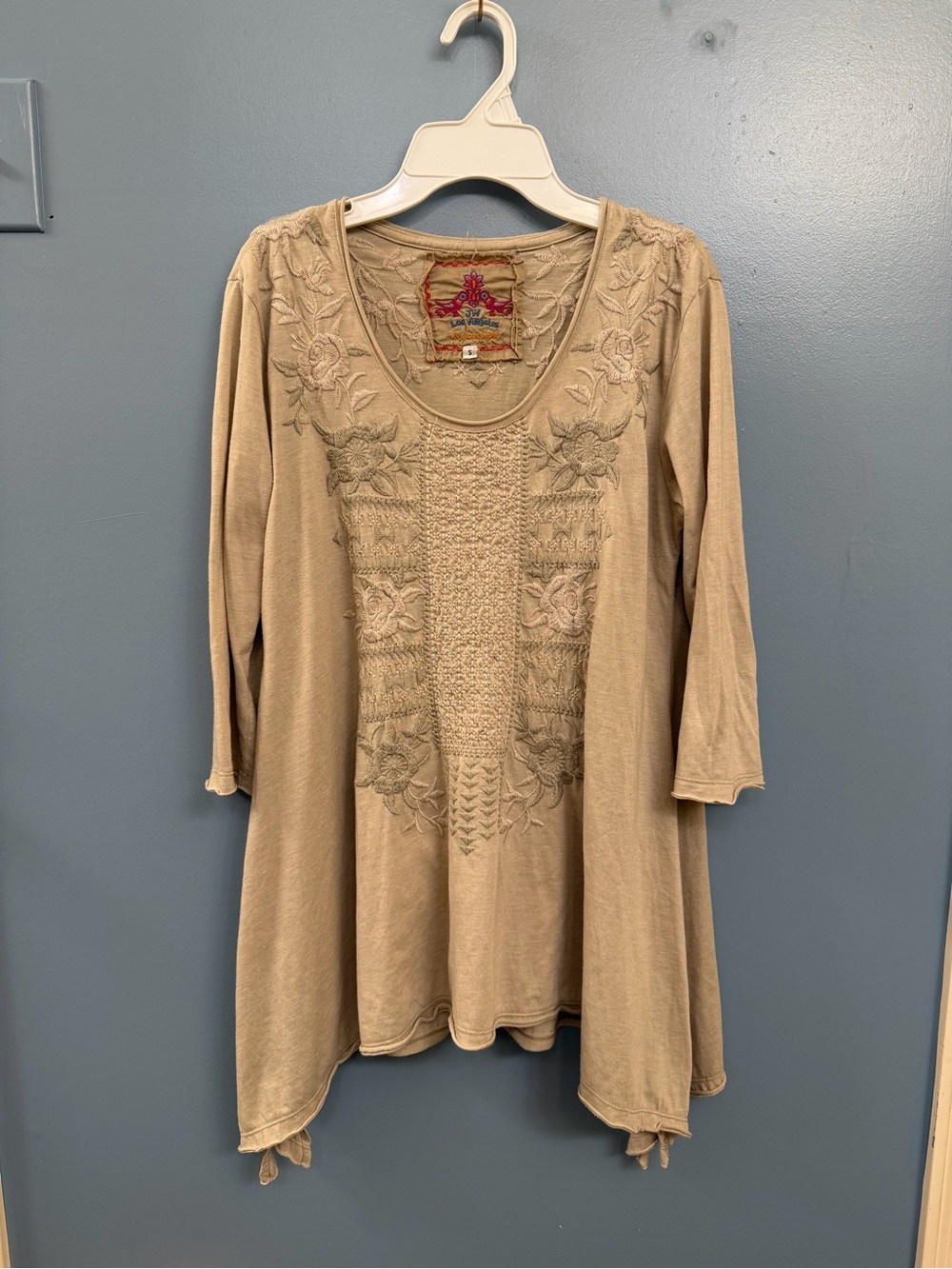 Johnny Was Boho Embroidered Scoop Neck Tunic Top - Beige